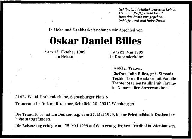 Billes Oskar Daniel 1909-1999 Todesanzeige